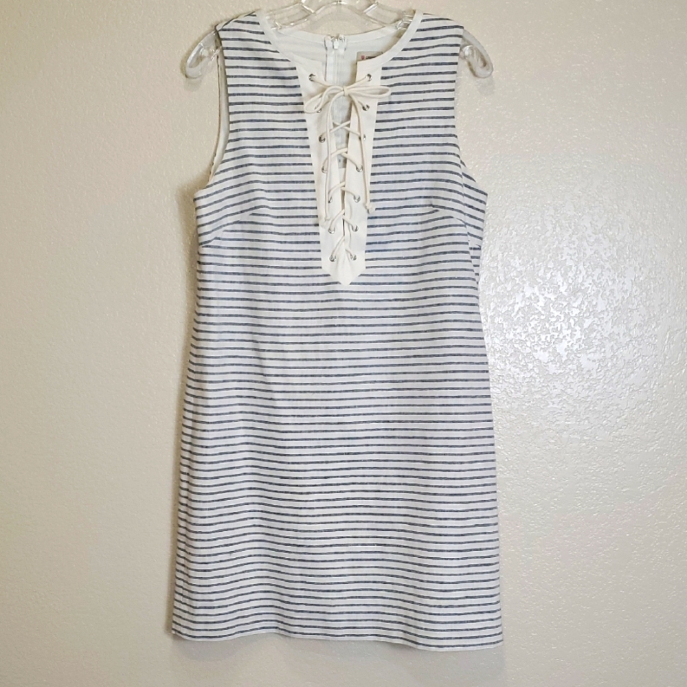 Cremieux Sheath Linen Blend Striped Sleeveless Dress  Nautical Medium